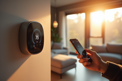 Salon moderne avec thermostat intelligent et smartphone