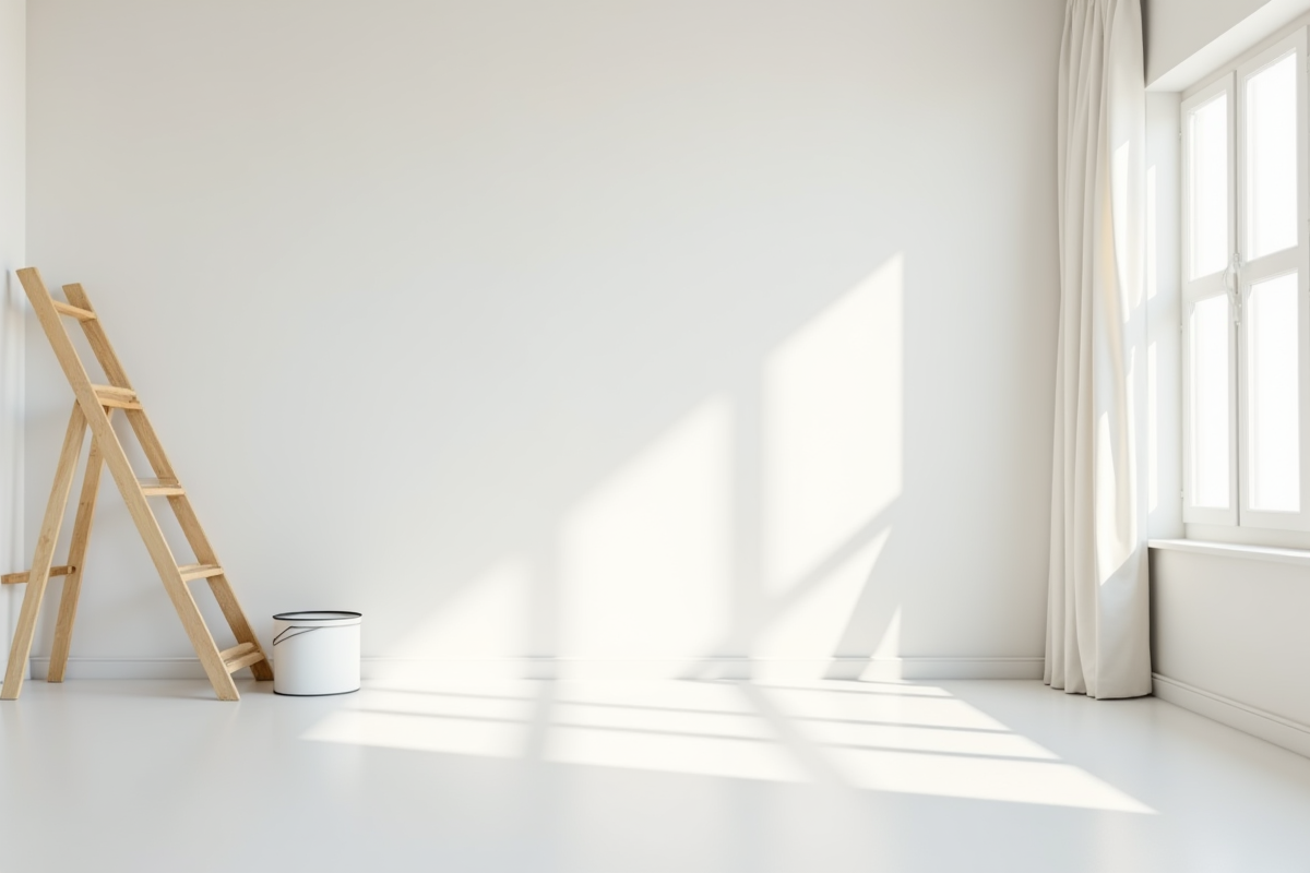 Salon vide avec murs blancs propres et échelle en bois