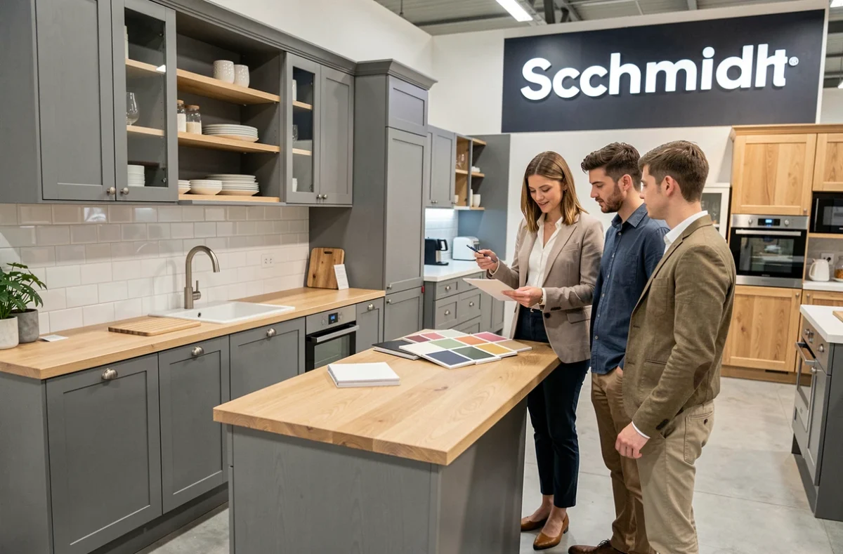 Showroom Schmidt Valence avec cuisine grise style scandinave et conseillère présentant des échantillons à un couple