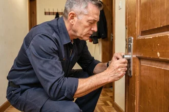 Serrurier professionnel examinant le peigne de porte d'une serrure sur une porte intérieure en bois
