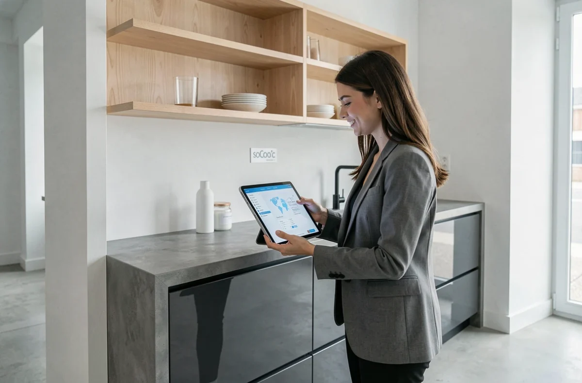 Showroom SoCoo'c Valence avec une conseillère montrant un rendu 3D de cuisine anthracite et bois sur tablette