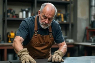 Soudeur inspectant une plaque de fer sur un établi en atelier industriel