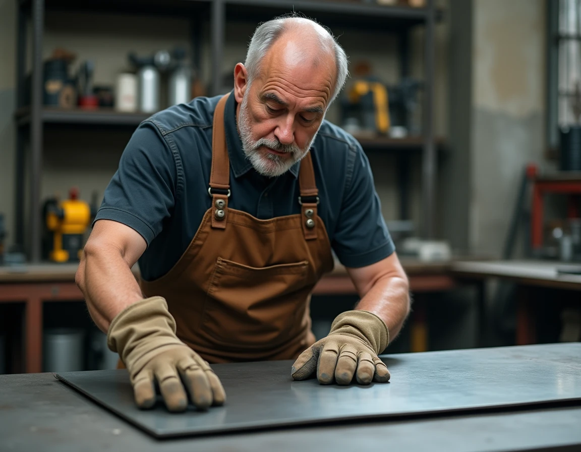 Soudeur inspectant une plaque de fer sur un établi en atelier industriel