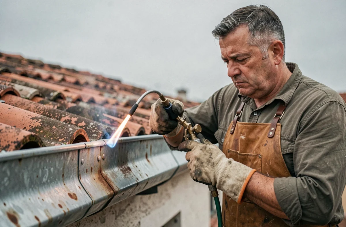 Artisan effectuant une soudure au chalumeau sur une ancienne gouttière en zinc sur un toit en tuiles