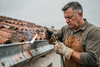Artisan effectuant une soudure au chalumeau sur une ancienne gouttière en zinc sur un toit en tuiles