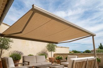 Store banne rétractable étendu au-dessus d'une terrasse en pierre avec mobilier en teck et coussins blancs