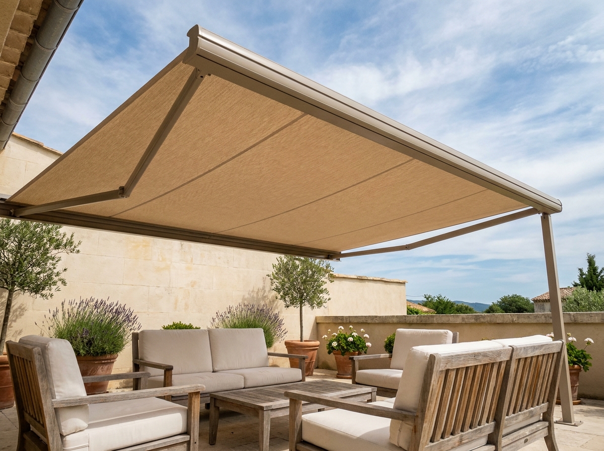 Store banne rétractable étendu au-dessus d'une terrasse en pierre avec mobilier en teck et coussins blancs