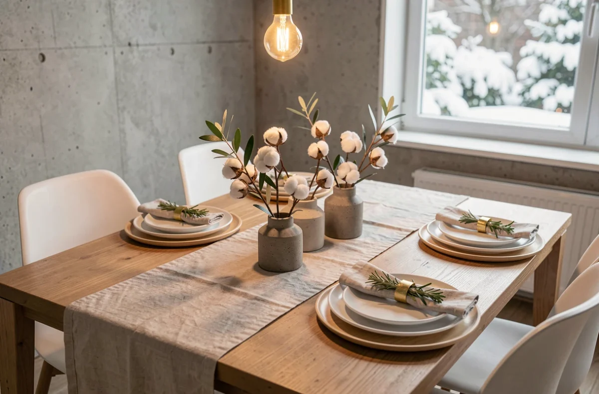 Table de Noël minimaliste avec chemin de table en lin, vases en béton et vaisselle blanche mate pour une décoration élégante