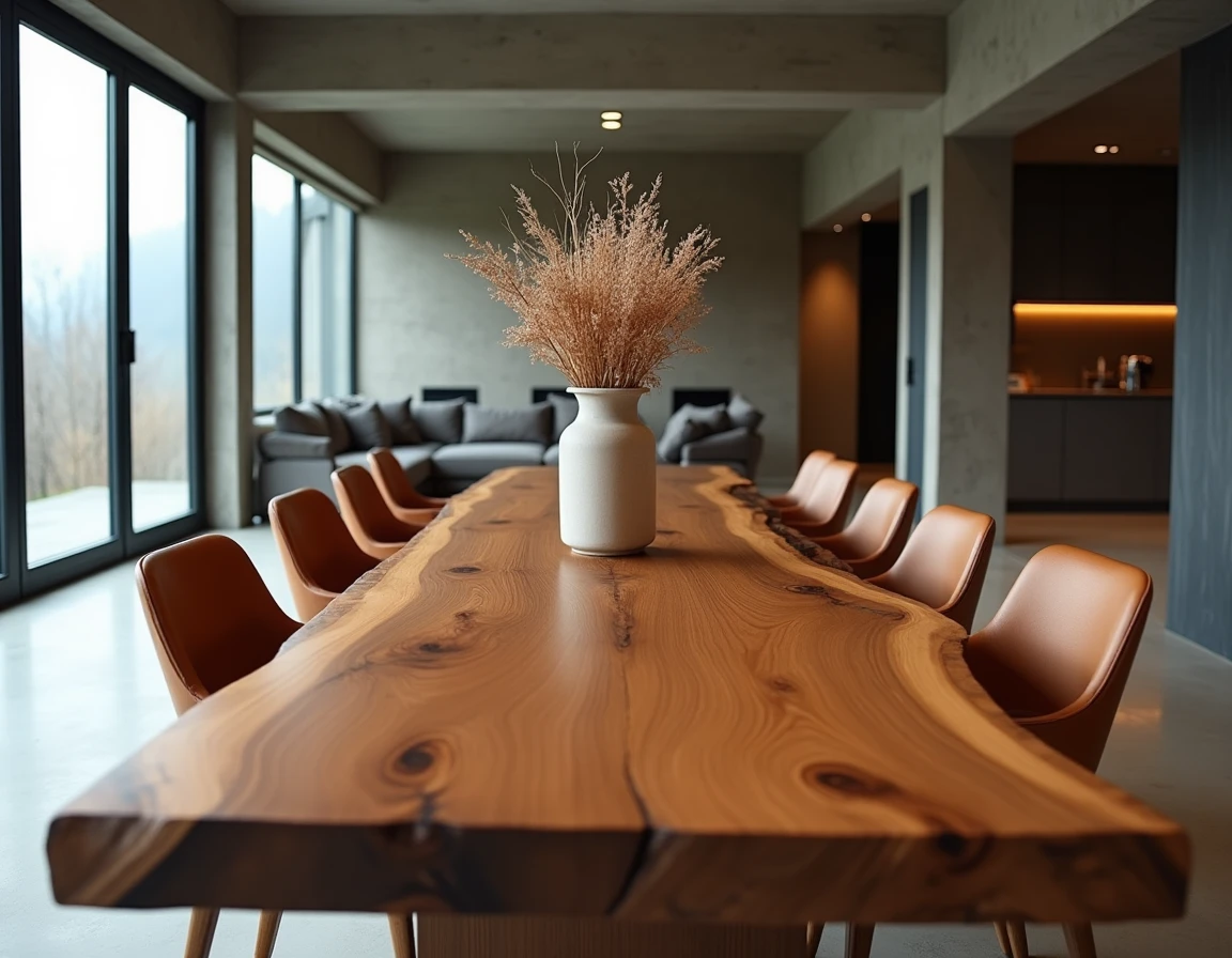 Table à manger sur mesure en bois exotique iroko plateau live-edge dans un intérieur contemporain minimaliste