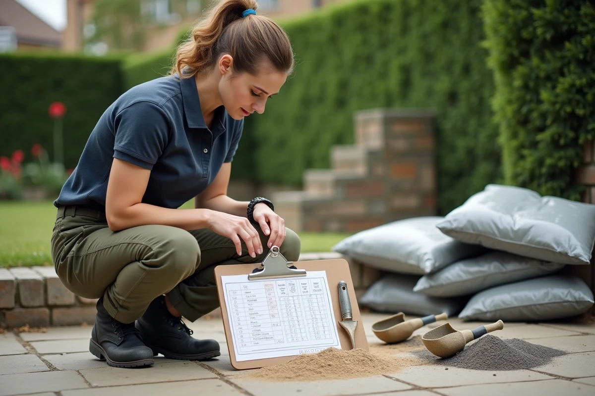 Femme consultant un tableau de dosage béton sur un chantier de jardin avec des sacs de ciment ouverts