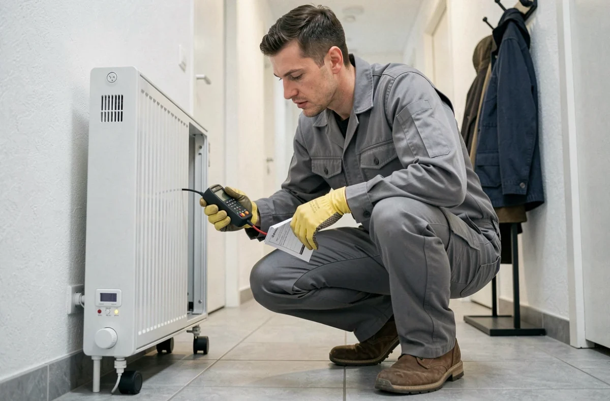 Technicien inspectant un accumulateur électrique dans un couloir d'appartement avec multimètre et fiche technique