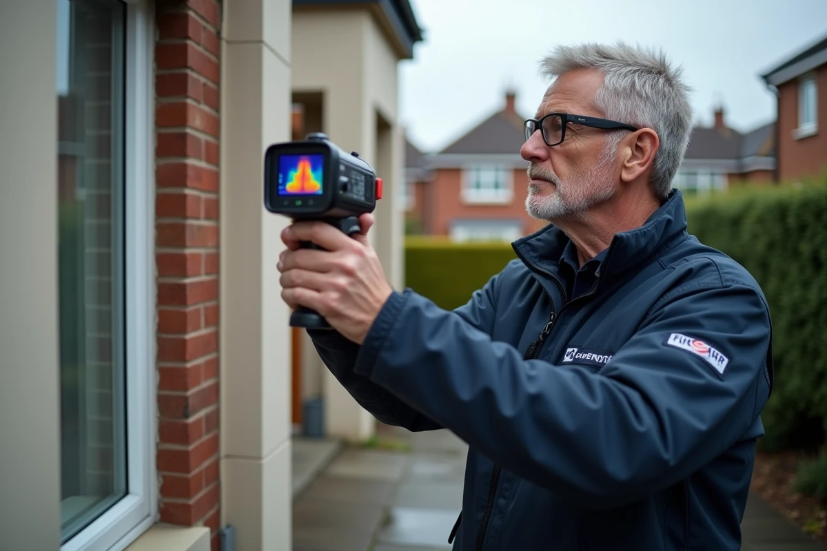 Technicien réalisant un audit thermique extérieur d'une maison individuelle avec caméra thermique