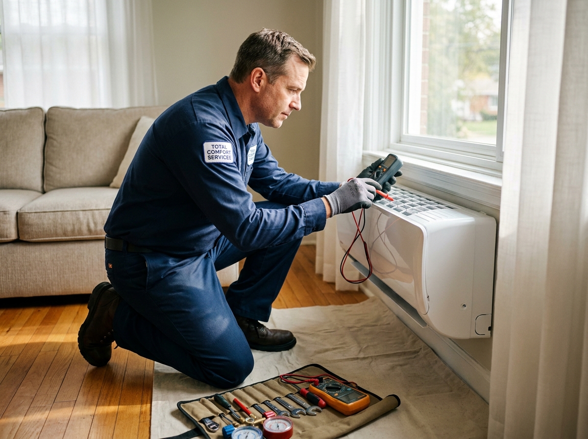 Technicien chauffagiste professionnel en uniforme inspectant un radiateur mural moderne dans un salon résidentiel