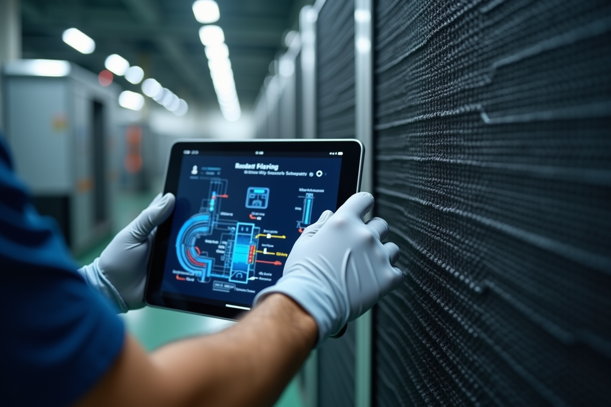 Technicien HVAC ajustant un échangeur de chaleur avec schéma d airflow