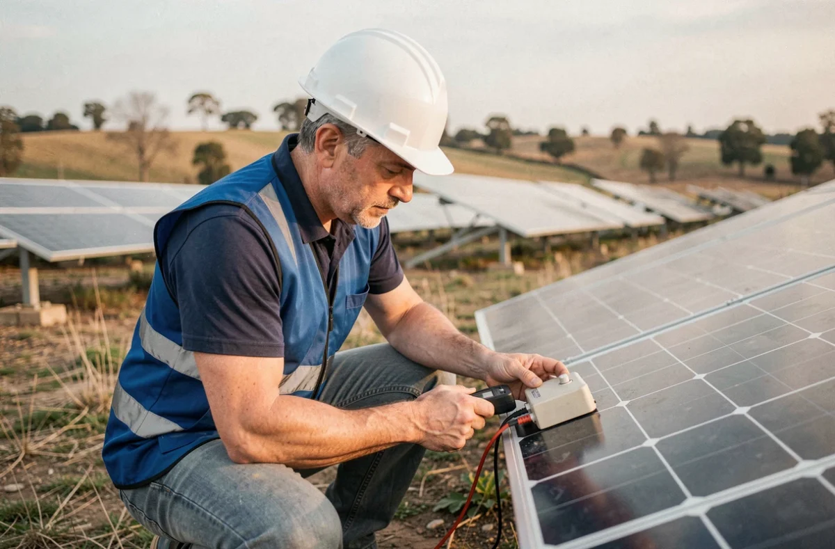 Technicien inspectant une installation de panneaux solaires au sol pour calculer la production en kWh