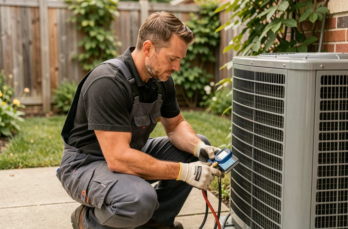 Technicien en train d'installer et de configurer une pompe à chaleur air-eau dans un jardin résidentiel