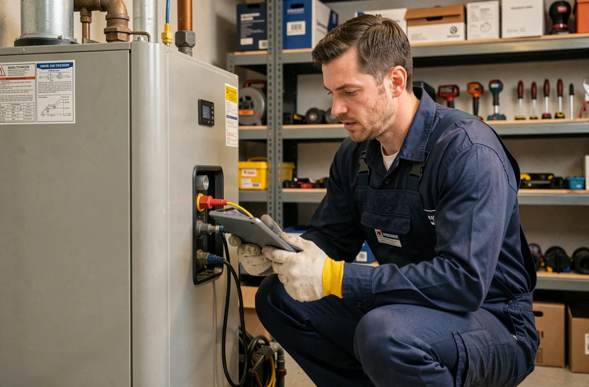 Technicien en installation inspectant une pompe à chaleur air-eau Fujitsu dans une chaufferie résidentielle