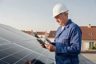 Technicien inspectant des panneaux solaires photovoltaïques sur un toit résidentiel en France