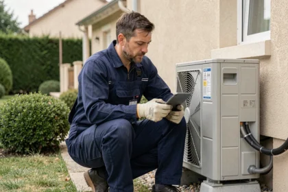 Technicien en chauffage inspectant une pompe à chaleur air-eau installée sur la façade d'une maison individuelle française