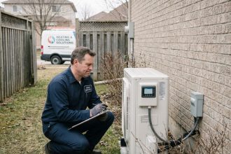 Technicien inspectant une pompe à chaleur extérieure dans un jardin résidentiel au printemps