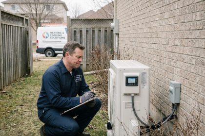 Technicien inspectant une pompe à chaleur extérieure dans un jardin résidentiel au printemps