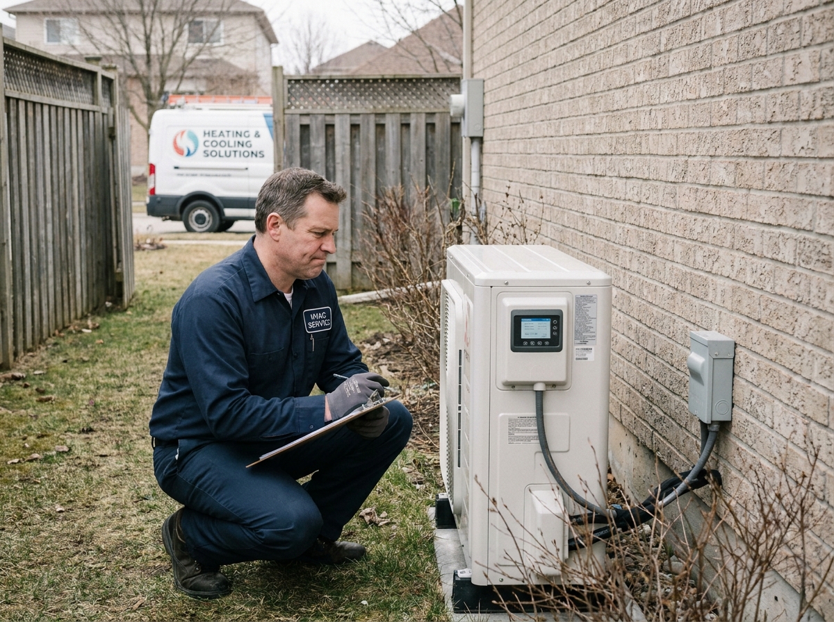 Technicien inspectant une pompe à chaleur extérieure dans un jardin résidentiel au printemps