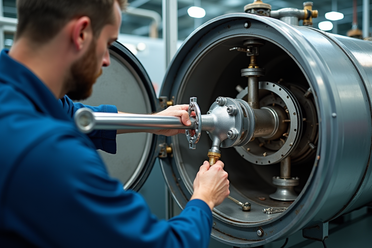 Technicien installant un echangeur neuf dans une chaudiere moderne