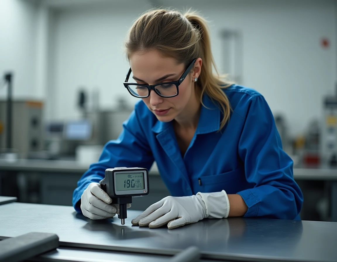 Technicienne mesurant l'épaisseur d'une plaque de fer avec un appareil numérique en laboratoire de contrôle qualité