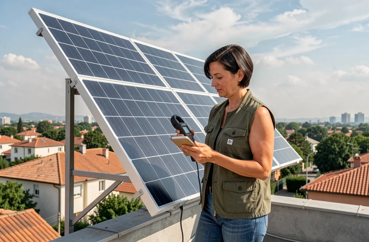 Femme technicienne inspectant des panneaux solaires sur un toit résidentiel avec un multimètre, pour évaluer la puissance de charge adaptée à une batterie