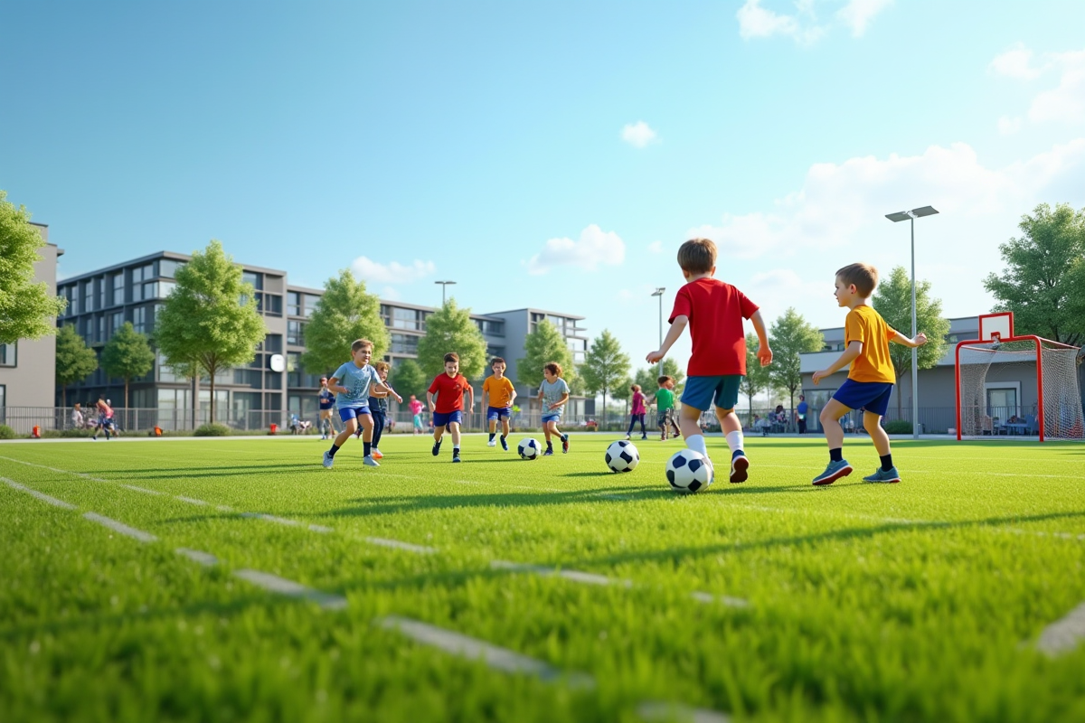 Terrain de sport communautaire en journée avec enfants et adultes jouant au football et au basketball