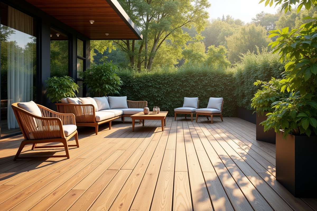 Terrasse en bois moderne avec mobilier extérieur et plantes