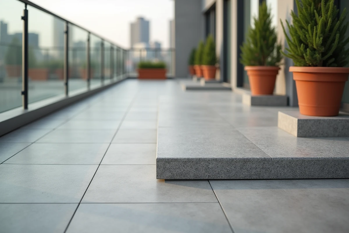Terrasse moderne avec dalles sur plots béton et isolation thermique visible sous les carreaux en grès cérame