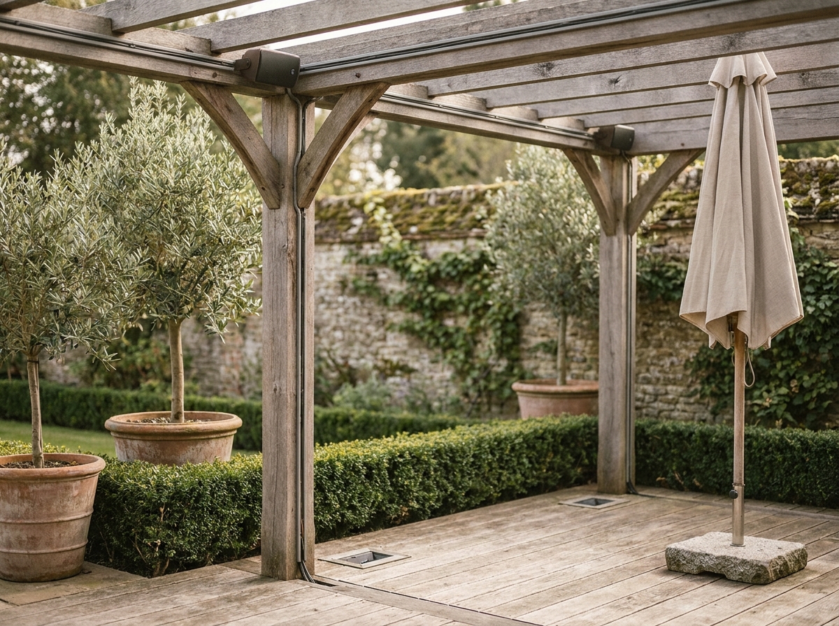Terrasse de jardin résidentielle avec pergola intégrant des câbles électriques dissimulés dans les poutres en bois