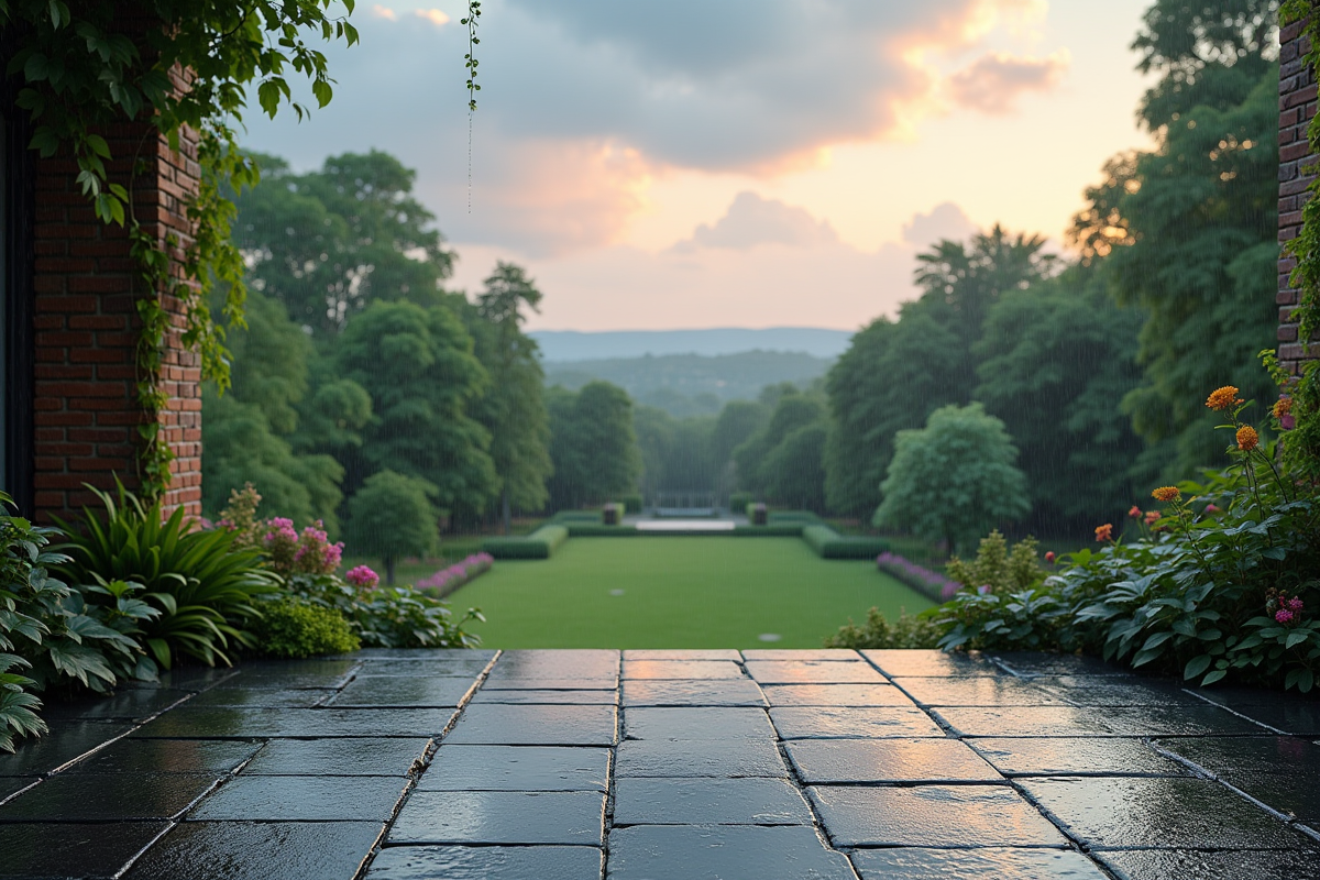 Terrasse en pierre sous la pluie avec jardin et ciel nuageux