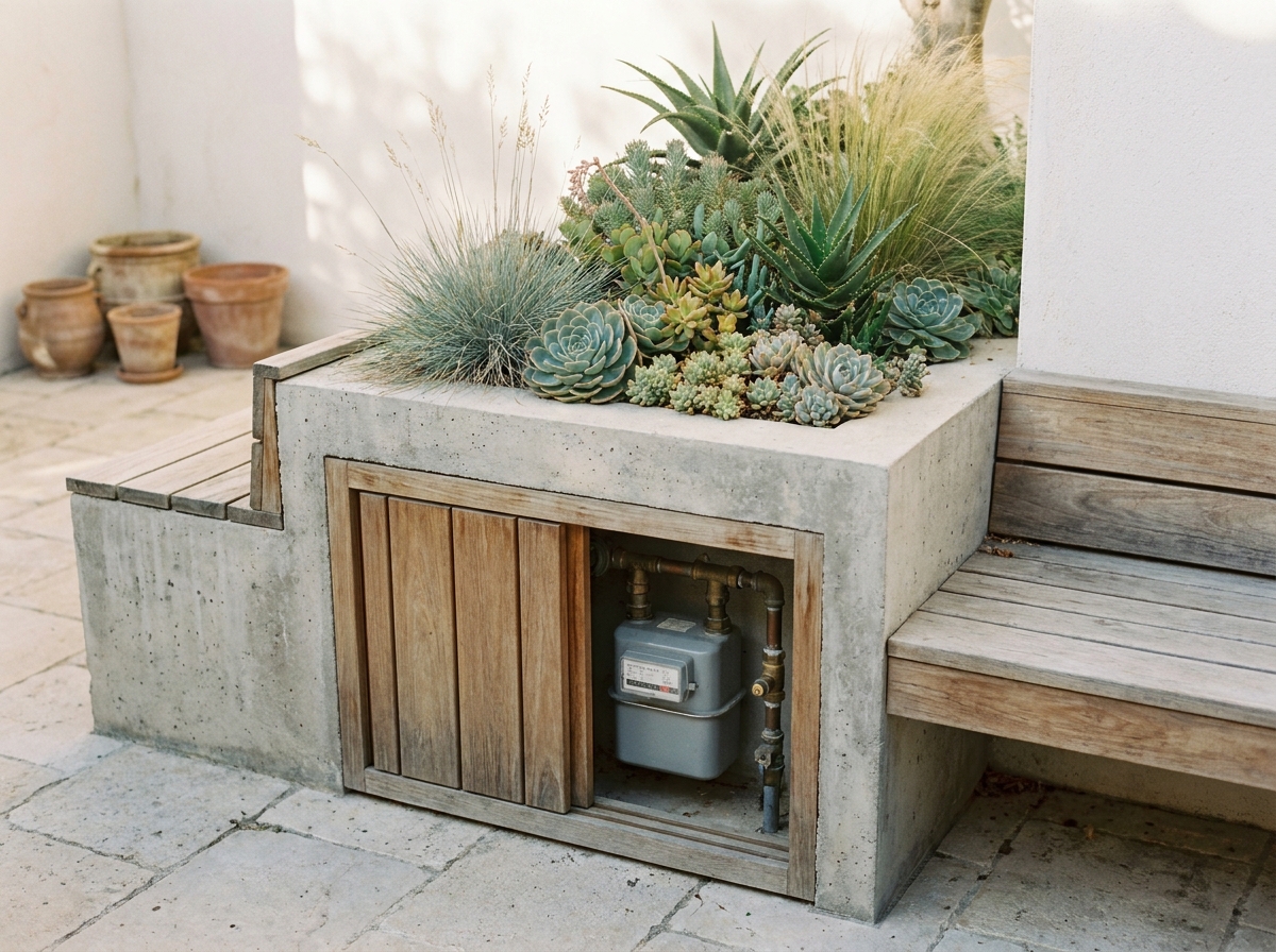 Banc jardinière en béton et teck sur terrasse provençale masquant un compteur de gaz et des raccords techniques