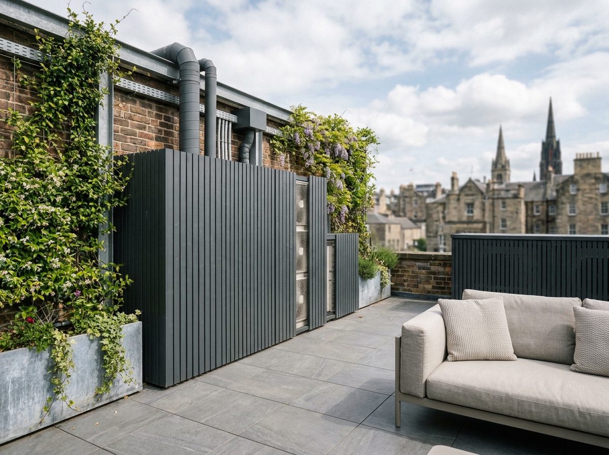 Terrasse urbaine contemporaine avec éléments techniques dissimulés derrière des claustra en bois anthracite et plantes grimpantes