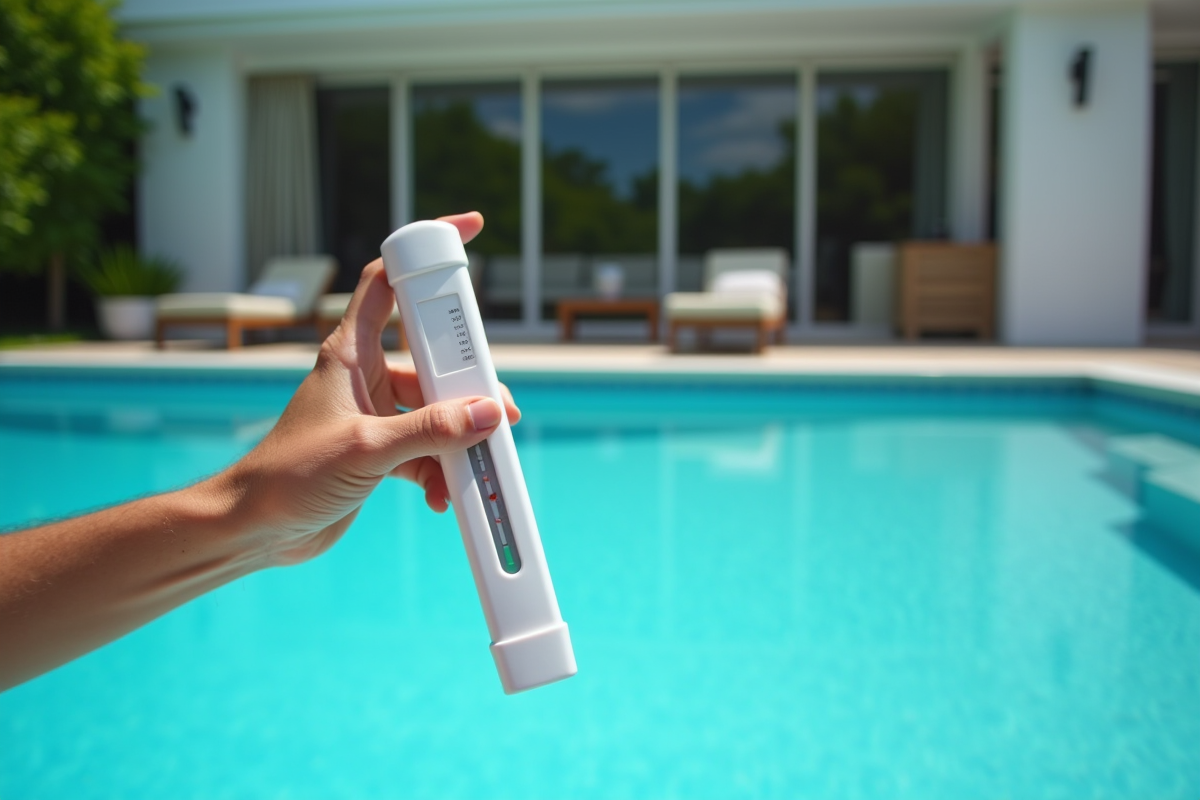 Personne testant la qualité de l'eau d'une piscine avec un kit