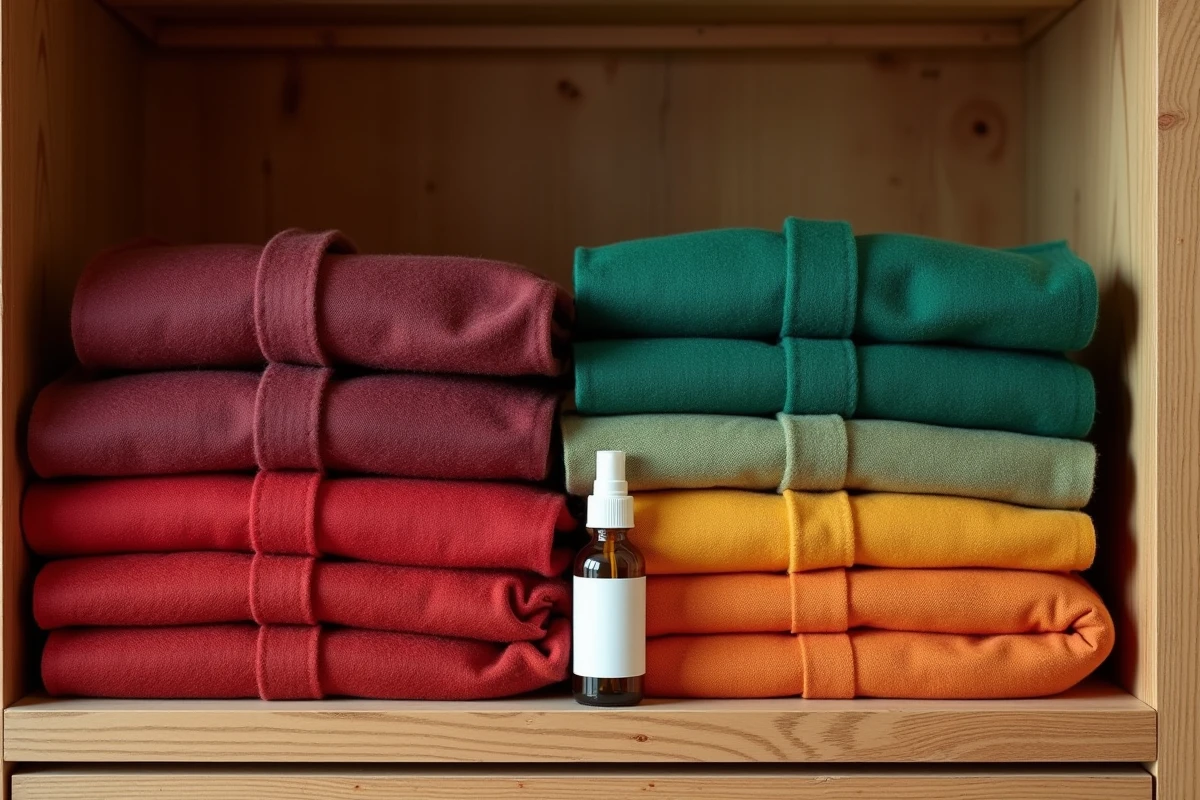 Textiles colorés soigneusement pliés sur une étagère en bois après traitement au produit H2O pour préserver l'éclat des couleurs