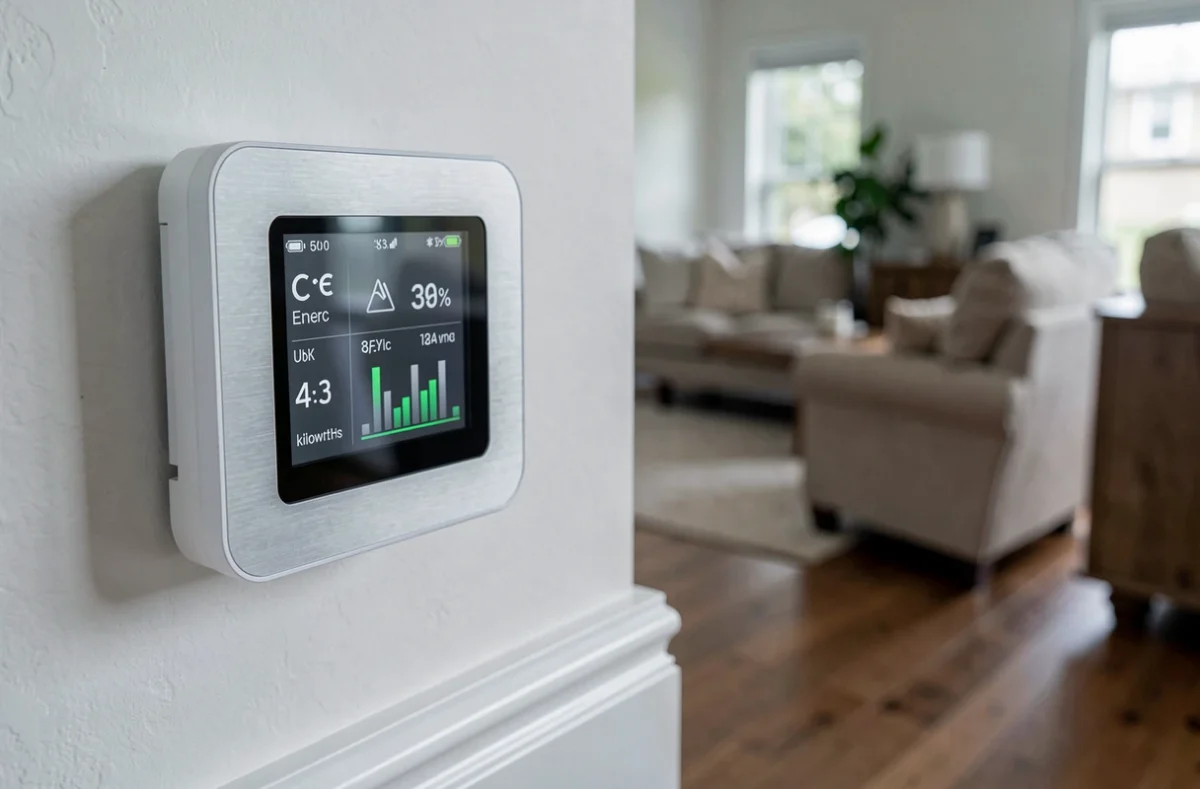 Thermostat numérique affichant la consommation énergétique d'une pompe à chaleur dans une grande maison