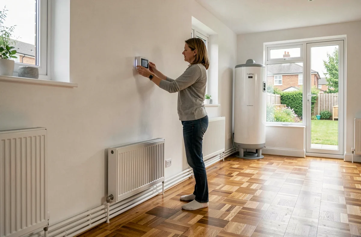 Femme réglant le thermostat connecté d'une pompe à chaleur Fujitsu air-eau dans un salon moderne