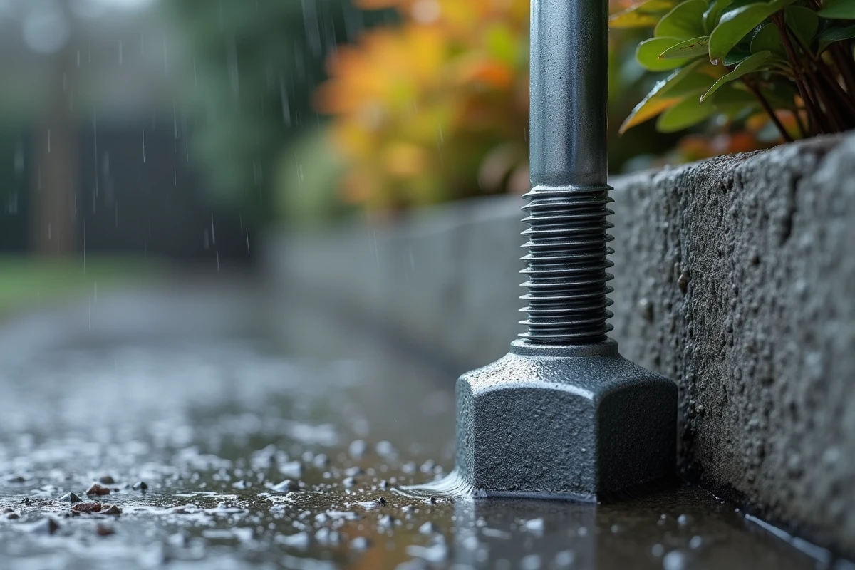 Tige filetée ancrée avec résine chimique dans béton extérieur sous la pluie