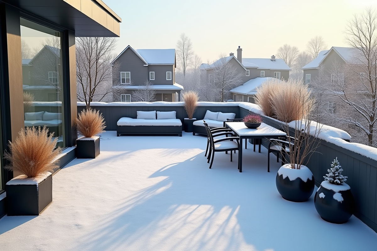 Toit enneige avec meubles et plantes dans un quartier résidentiel
