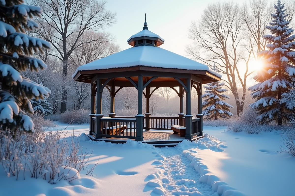 Tonnelle robuste dans la neige en hiver avec soleil doux