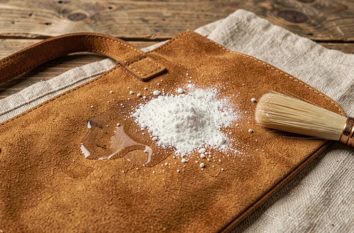 Gros plan sur un sac à main en daim camel traité avec de la fécule de maïs pour absorber une tache de graisse