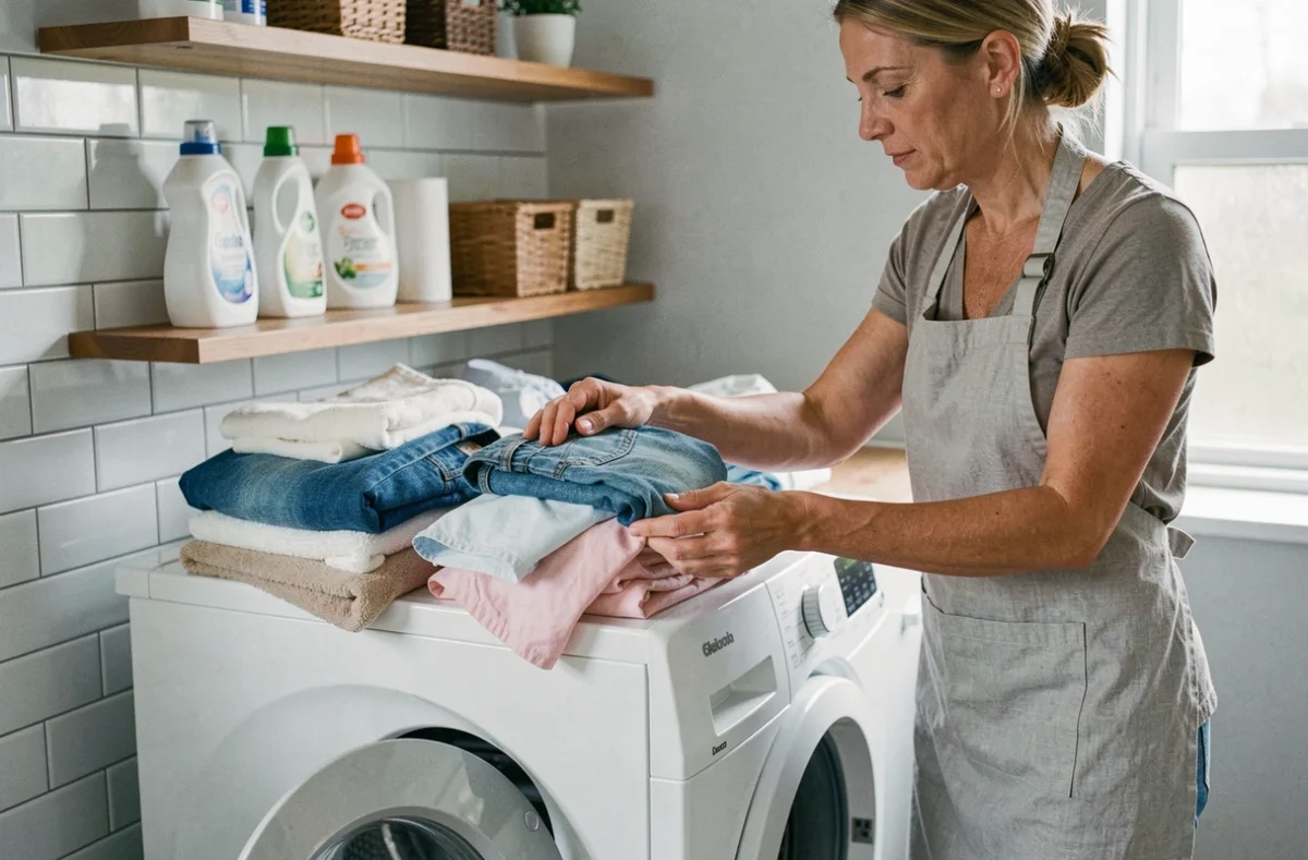Femme triant du linge par type et poids avant de charger une machine à laver dans une buanderie moderne