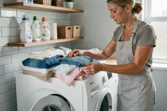 Femme triant du linge par type et poids avant de charger une machine à laver dans une buanderie moderne