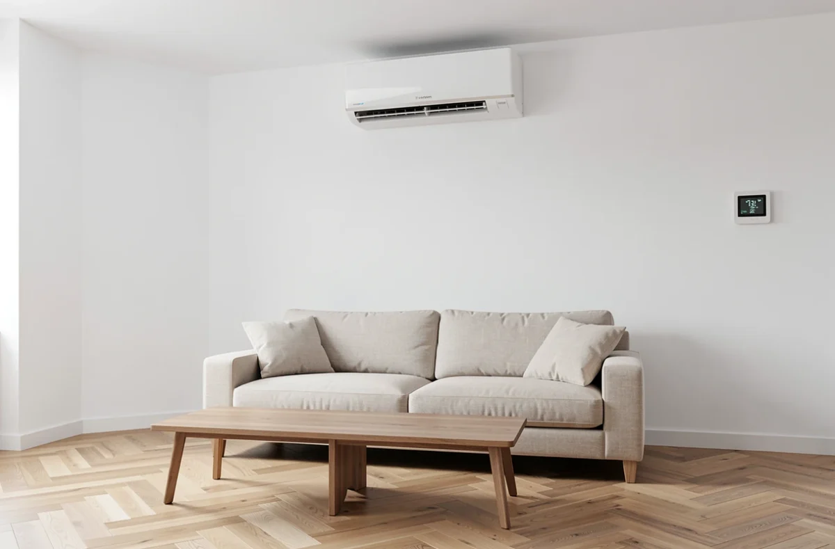 Unité intérieure de pompe à chaleur installée dans un salon moderne avec parquet en chêne et thermostat numérique