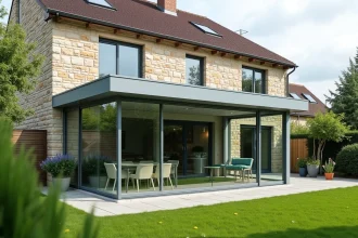 Véranda moderne en aluminium et verre de 40m2 vue depuis le jardin d'une maison pavillonnaire en pierre