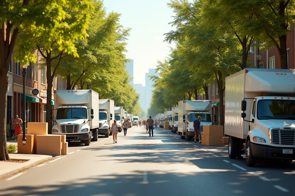 Rue animée en été avec camions et piétons
