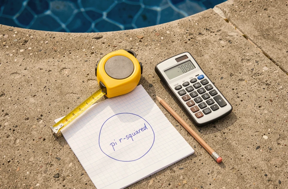 Vue du dessus d'un mètre ruban, d'une calculette et d'un schéma de piscine ronde pour calculer les m2